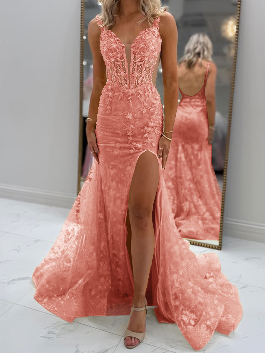 Glam Sheath V-Neck Appliques Lace Court Train Tulle Corset Prom Dress