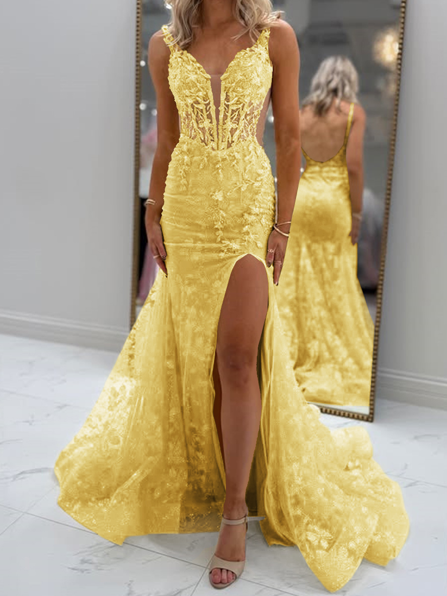Glam Sheath V-Neck Appliques Lace Court Train Tulle Corset Prom Dress