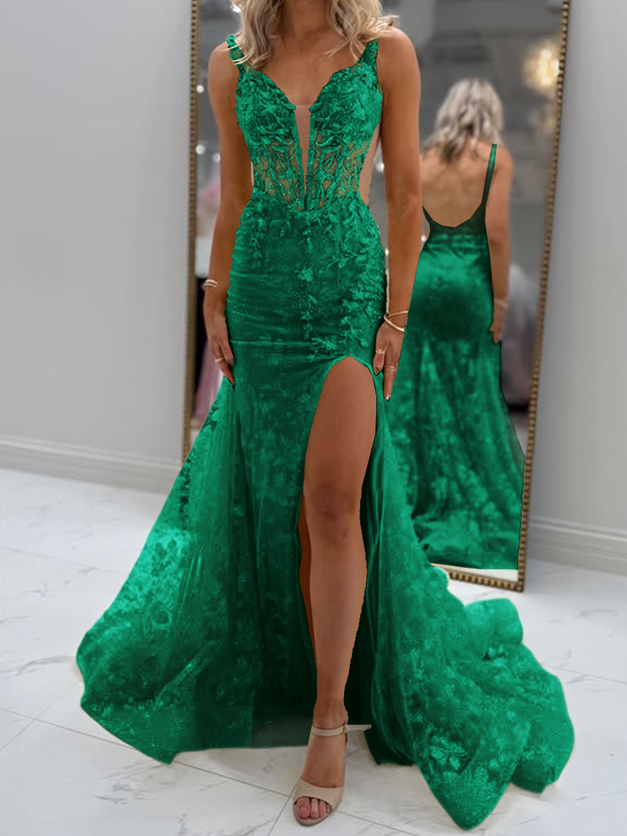 Glam Sheath V-Neck Appliques Lace Court Train Tulle Corset Prom Dress
