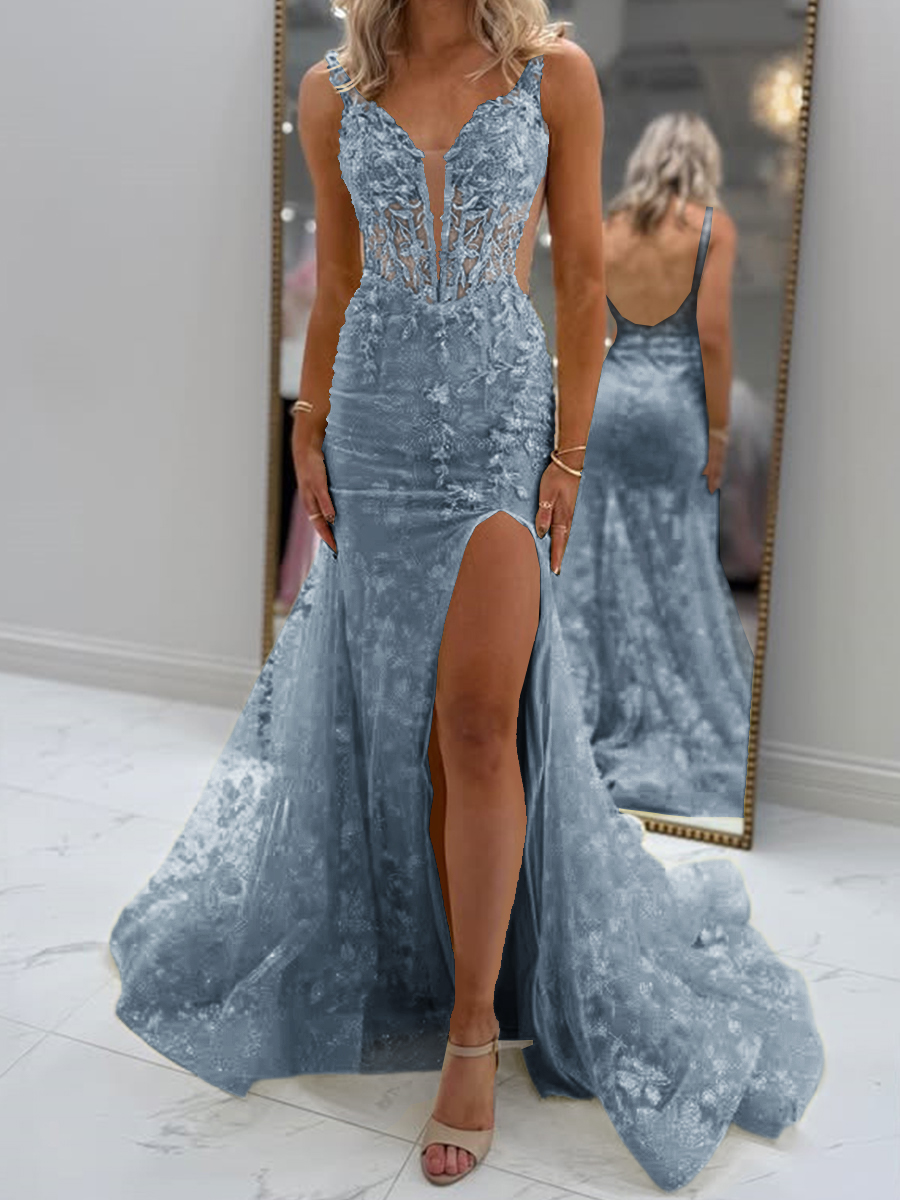 Glam Sheath V-Neck Appliques Lace Court Train Tulle Corset Prom Dress