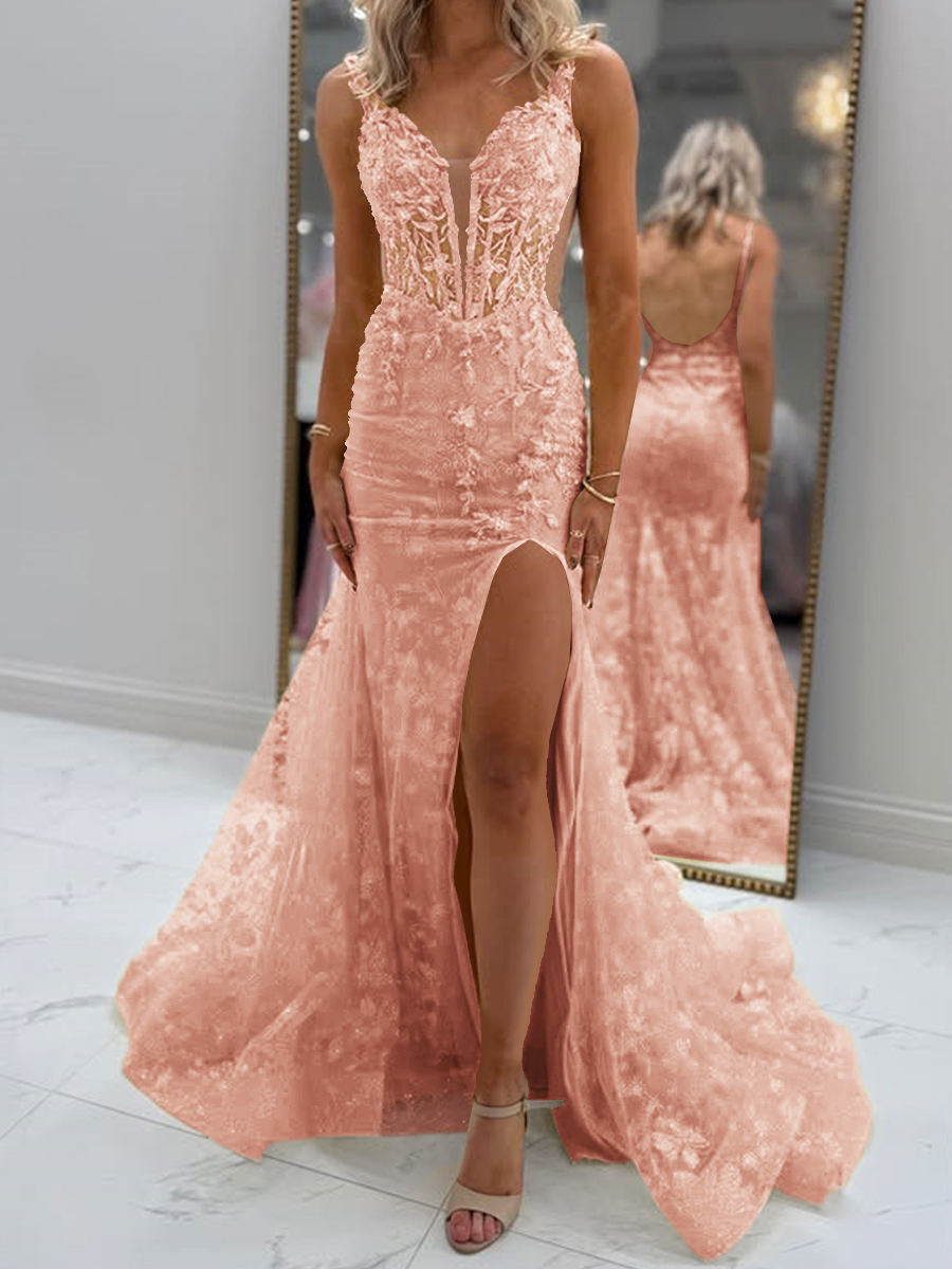 Glam Sheath V-Neck Appliques Lace Court Train Tulle Corset Prom Dress