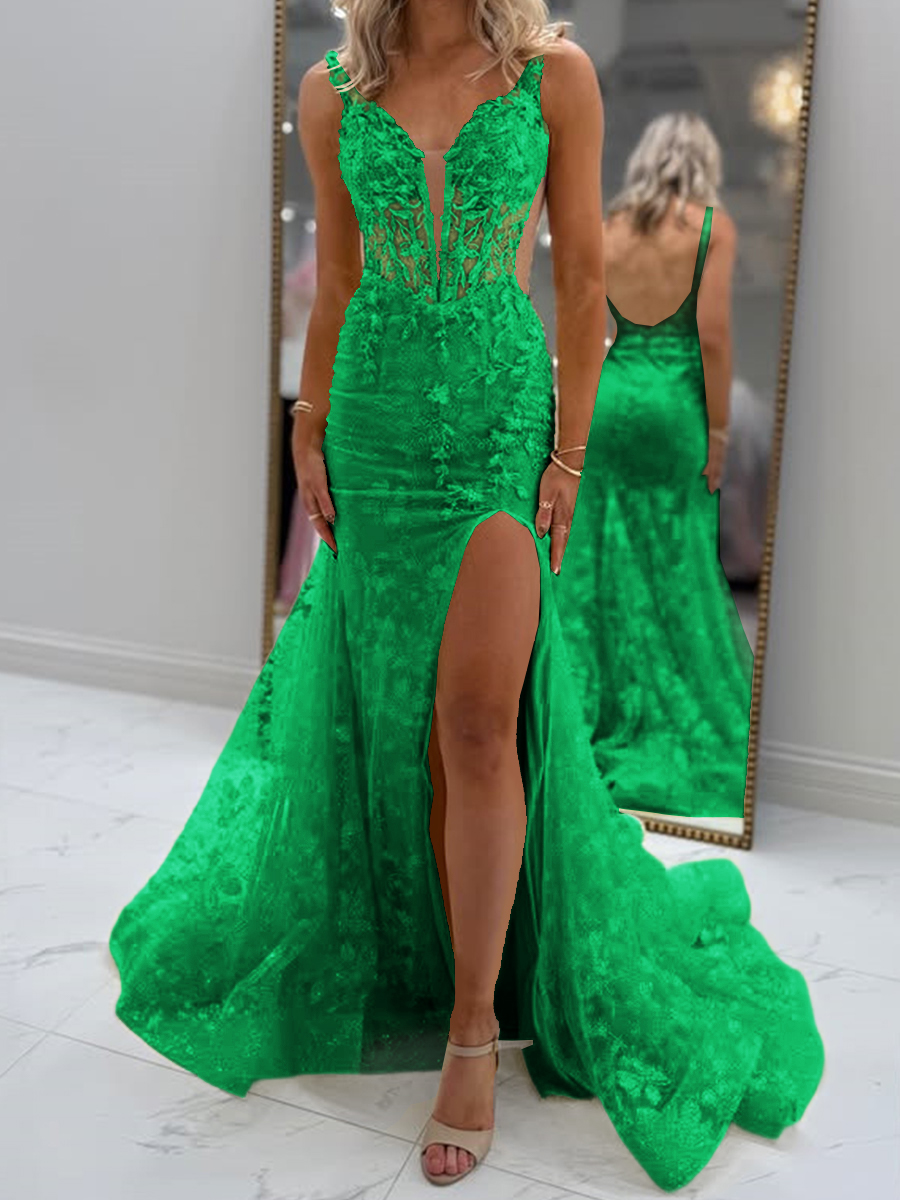 Glam Sheath V-Neck Appliques Lace Court Train Tulle Corset Prom Dress