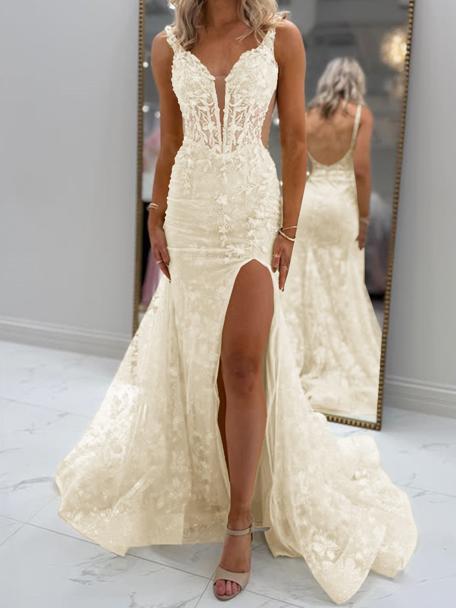 Glam Sheath V-Neck Appliques Lace Court Train Tulle Corset Prom Dress