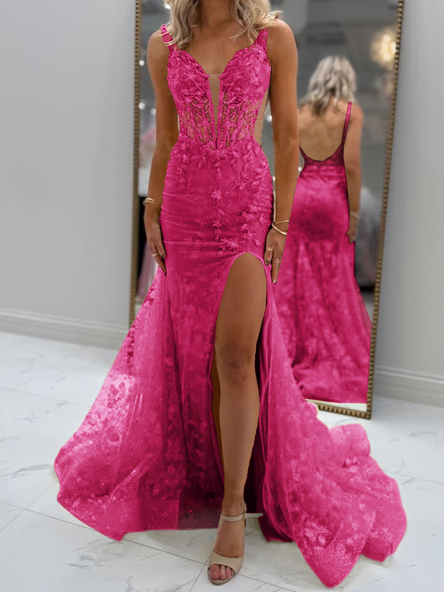Glam Sheath V-Neck Appliques Lace Court Train Tulle Corset Prom Dress