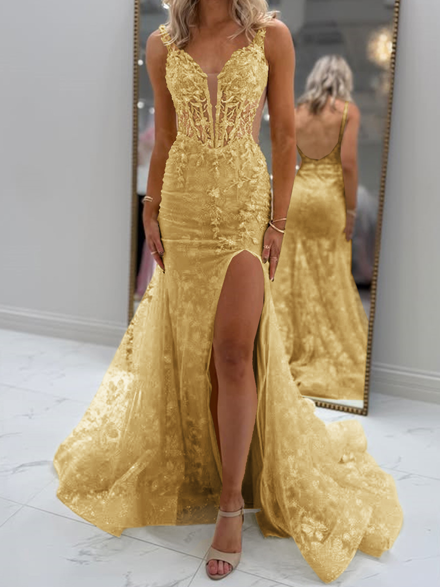 Glam Sheath V-Neck Appliques Lace Court Train Tulle Corset Prom Dress