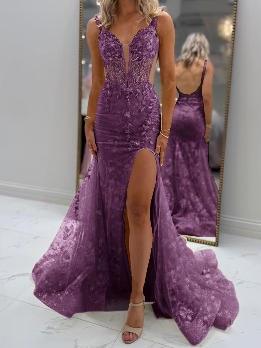 Glam Sheath V-Neck Appliques Lace Court Train Tulle Corset Prom Dress