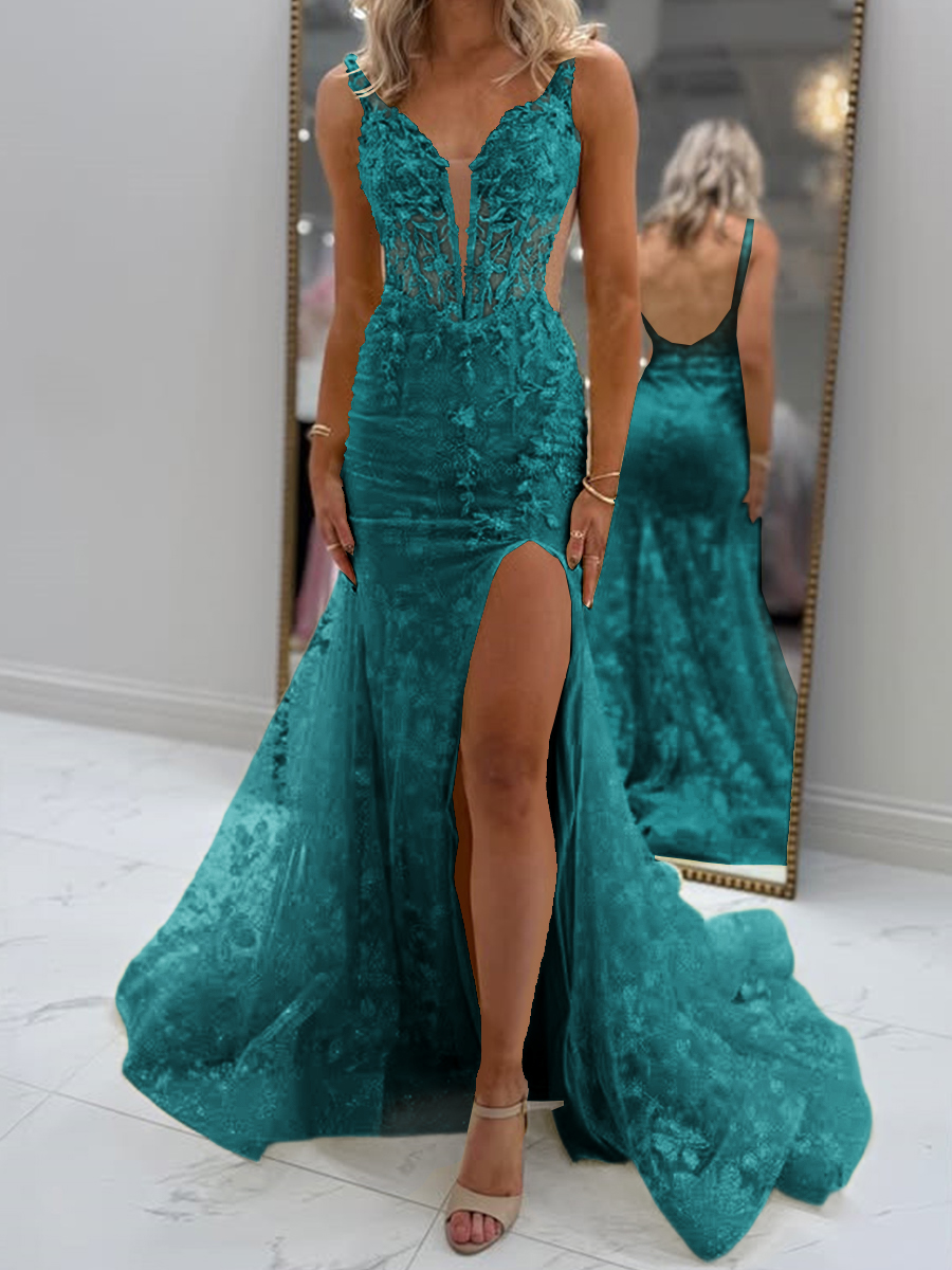 Glam Sheath V-Neck Appliques Lace Court Train Tulle Corset Prom Dress