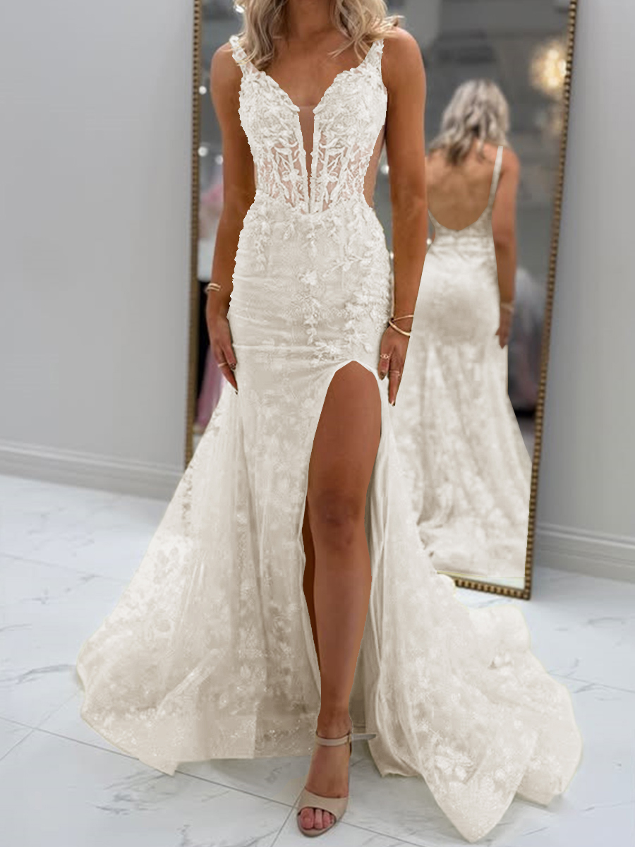 Glam Sheath V-Neck Appliques Lace Court Train Tulle Corset Prom Dress