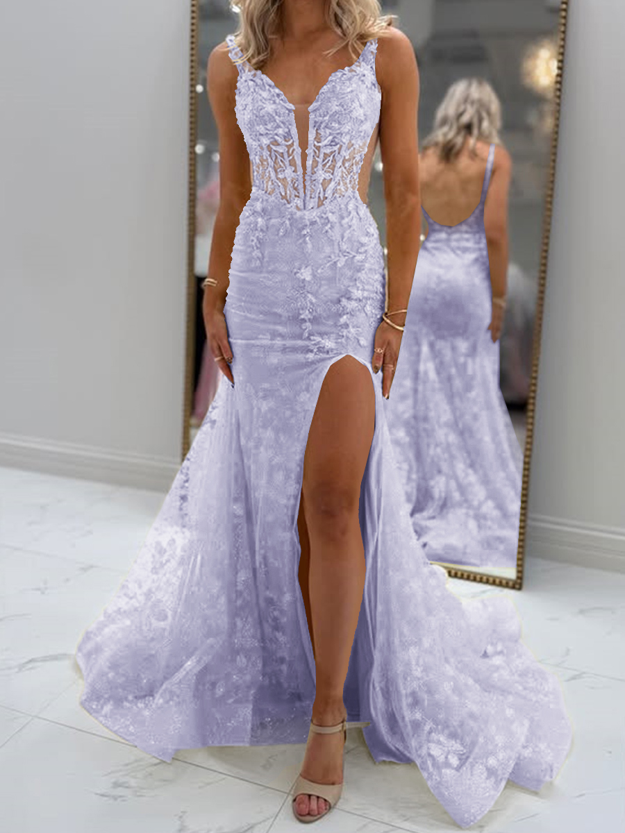 Glam Sheath V-Neck Appliques Lace Court Train Tulle Corset Prom Dress