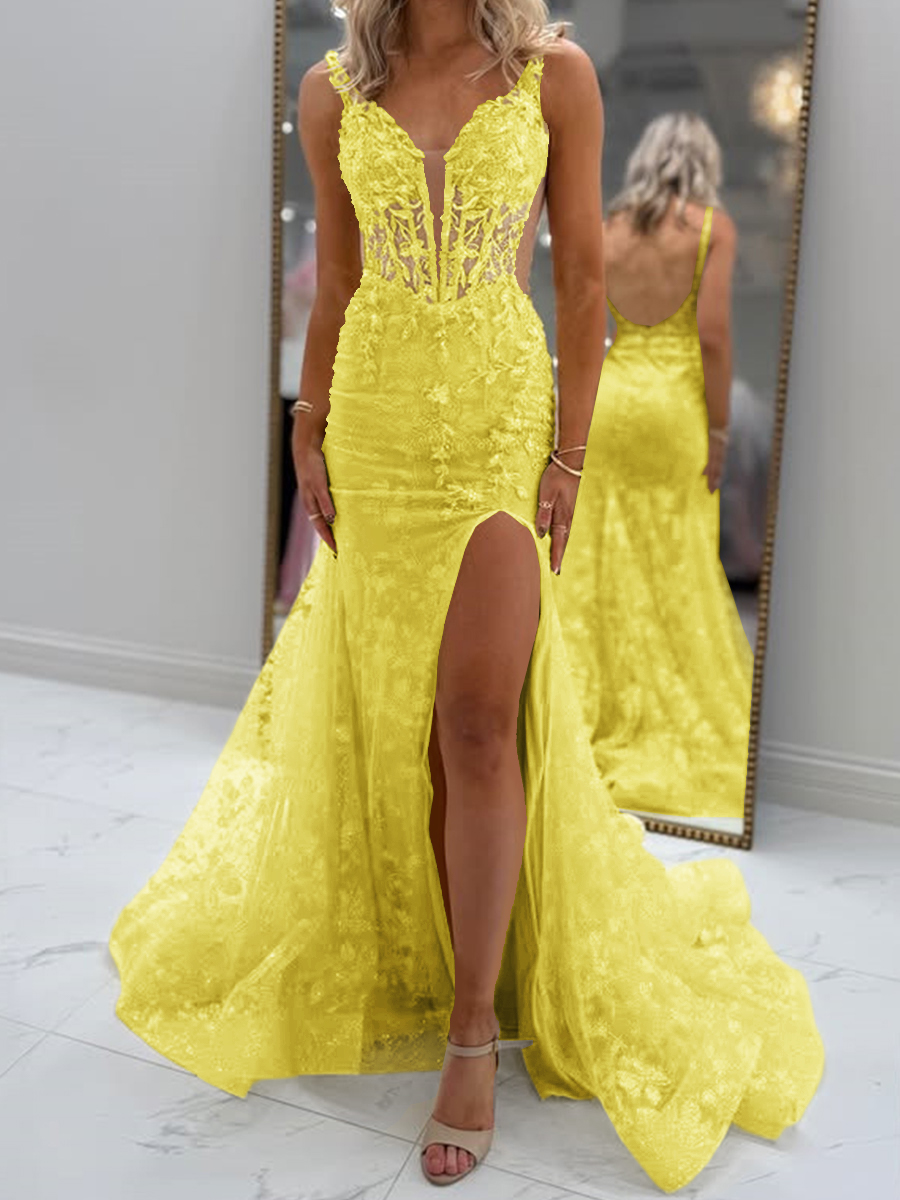 Glam Sheath V-Neck Appliques Lace Court Train Tulle Corset Prom Dress