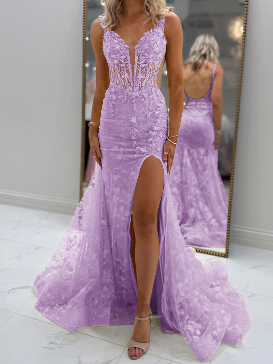 Glam Sheath V-Neck Appliques Lace Court Train Tulle Corset Prom Dress