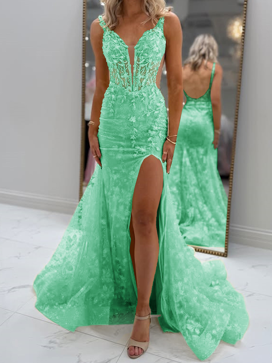 Glam Sheath V-Neck Appliques Lace Court Train Tulle Corset Prom Dress