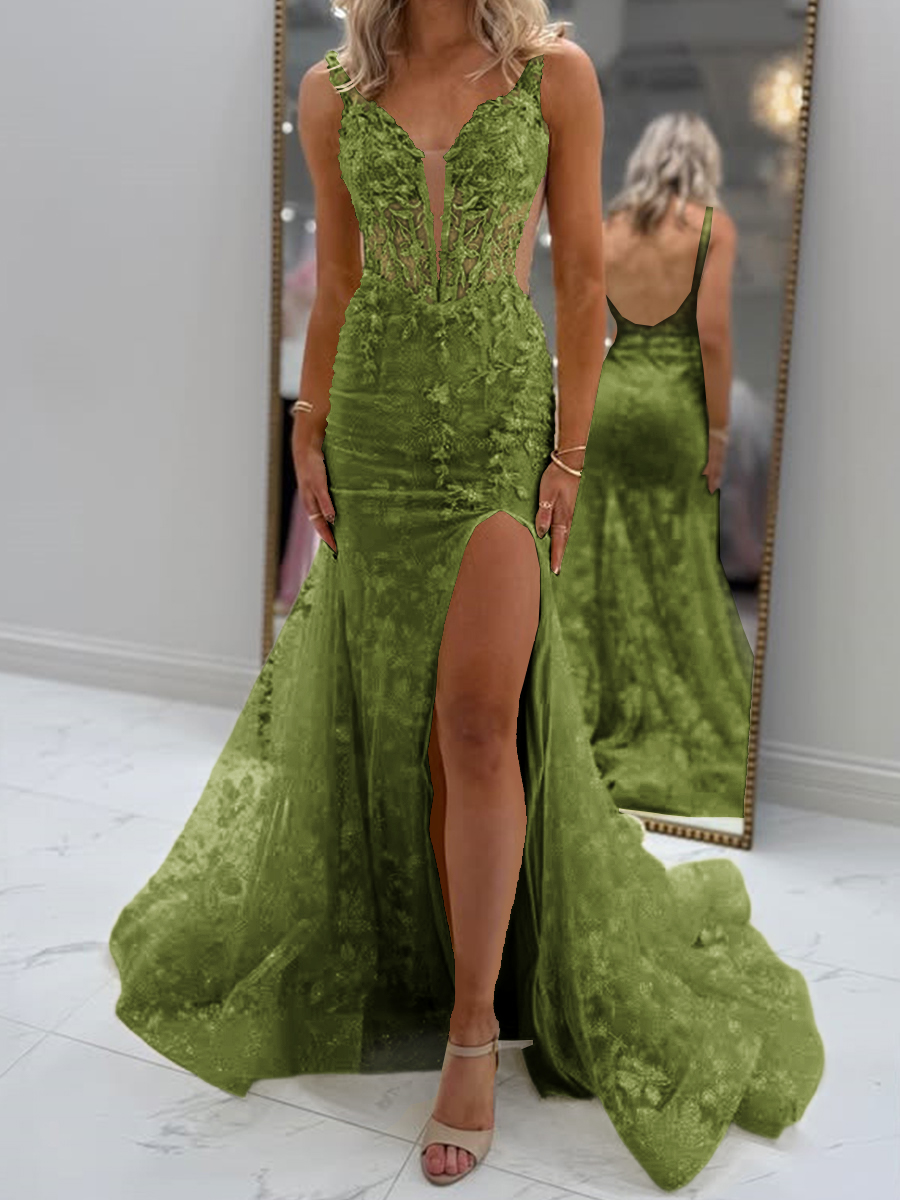 Glam Sheath V-Neck Appliques Lace Court Train Tulle Corset Prom Dress