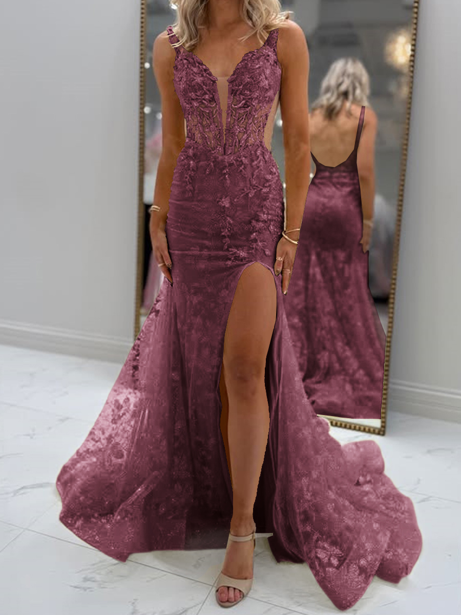 Glam Sheath V-Neck Appliques Lace Court Train Tulle Corset Prom Dress