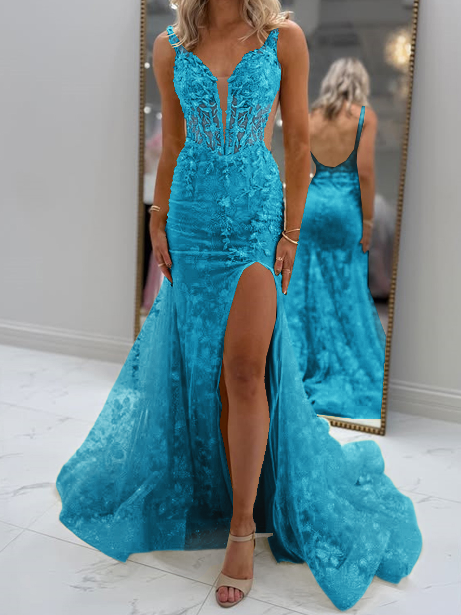 Glam Sheath V-Neck Appliques Lace Court Train Tulle Corset Prom Dress