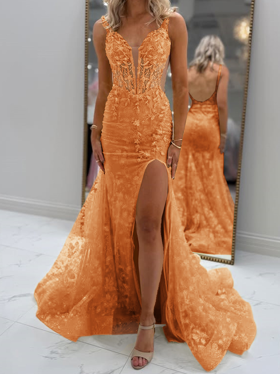 Glam Sheath V-Neck Appliques Lace Court Train Tulle Corset Prom Dress