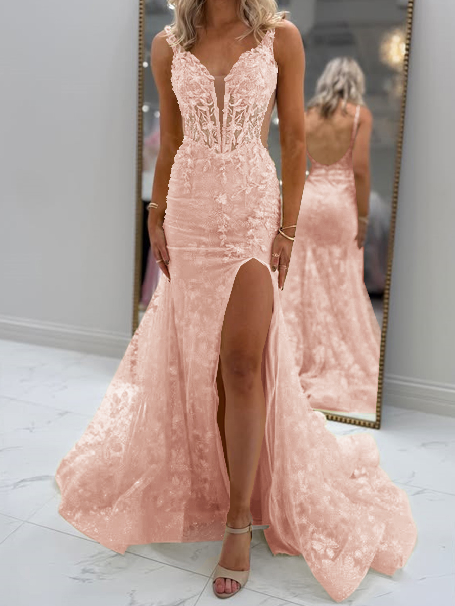 Glam Sheath V-Neck Appliques Lace Court Train Tulle Corset Prom Dress