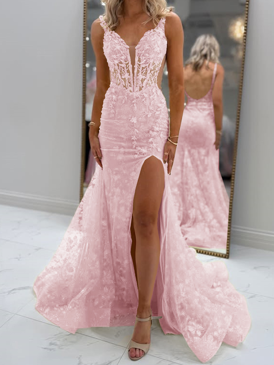 Glam Sheath V-Neck Appliques Lace Court Train Tulle Corset Prom Dress