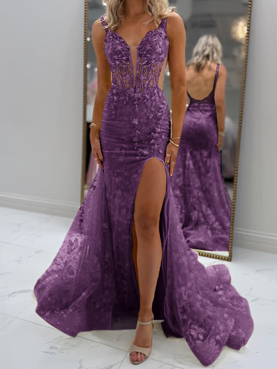 Glam Sheath V-Neck Appliques Lace Court Train Tulle Corset Prom Dress