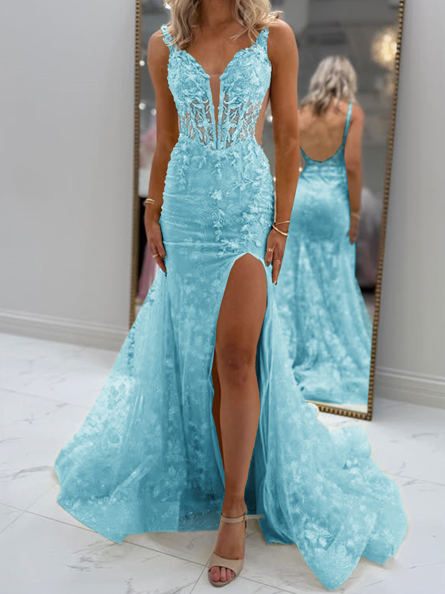 Glam Sheath V-Neck Appliques Lace Court Train Tulle Corset Prom Dress
