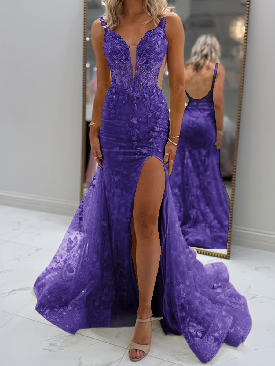 Glam Sheath V-Neck Appliques Lace Court Train Tulle Corset Prom Dress