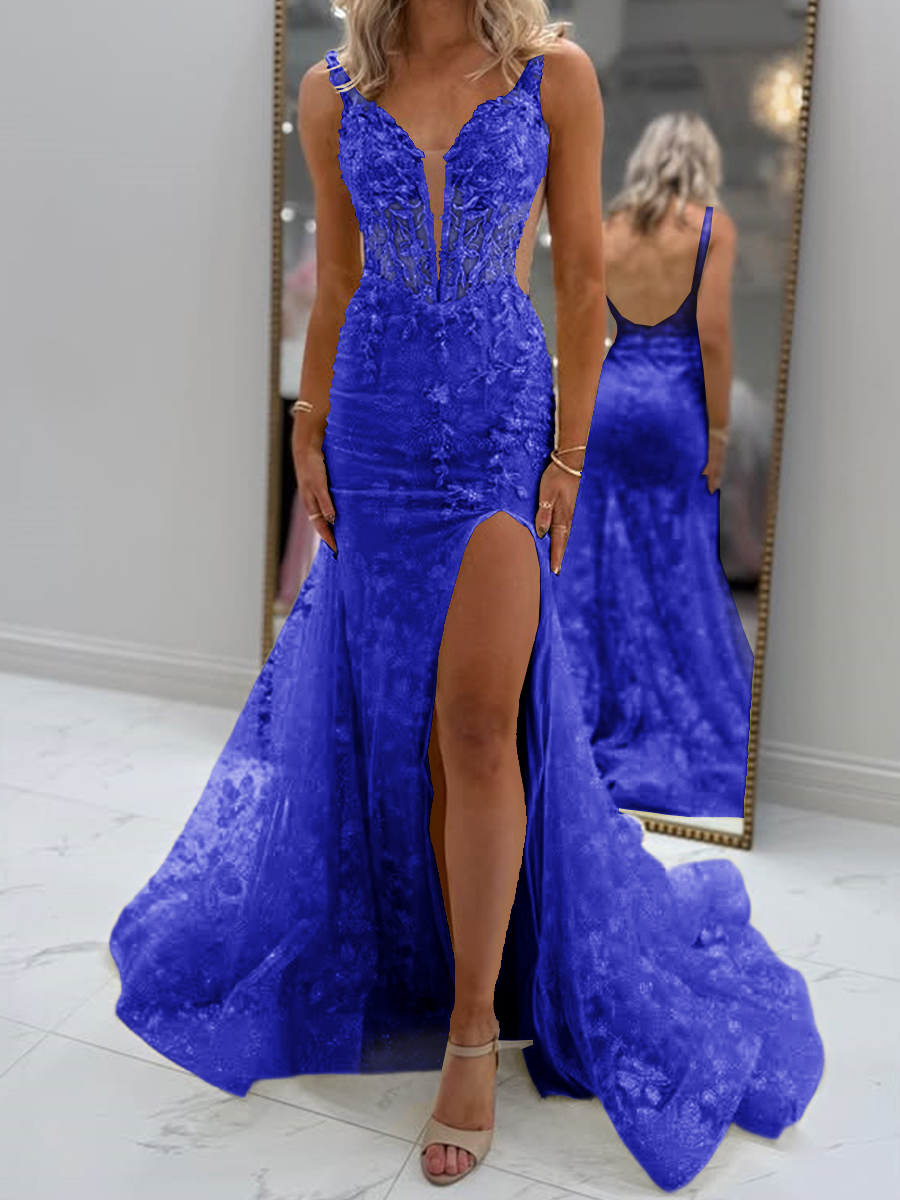 Glam Sheath V-Neck Appliques Lace Court Train Tulle Corset Prom Dress