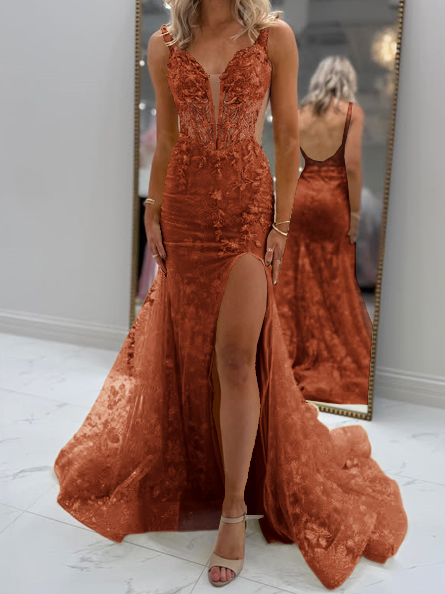 Glam Sheath V-Neck Appliques Lace Court Train Tulle Corset Prom Dress