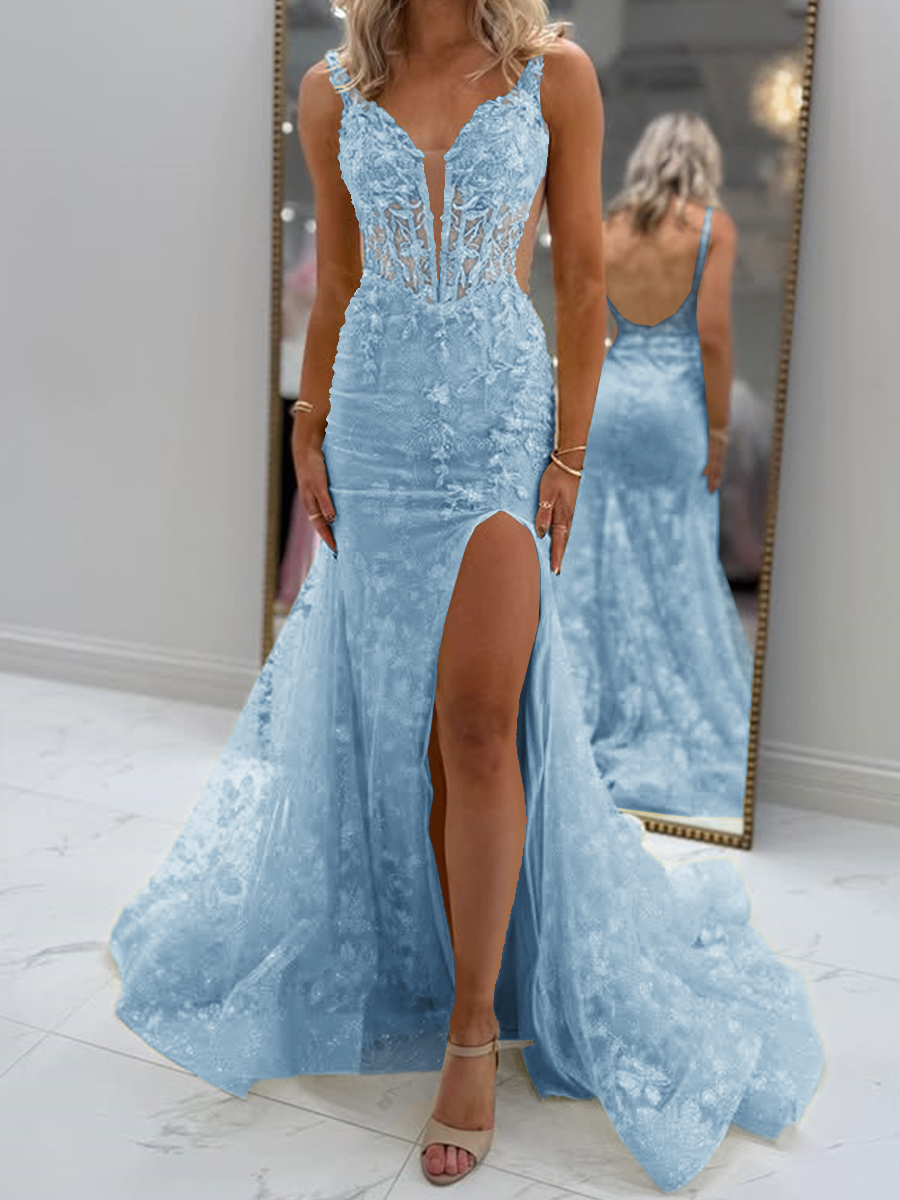 Glam Sheath V-Neck Appliques Lace Court Train Tulle Corset Prom Dress
