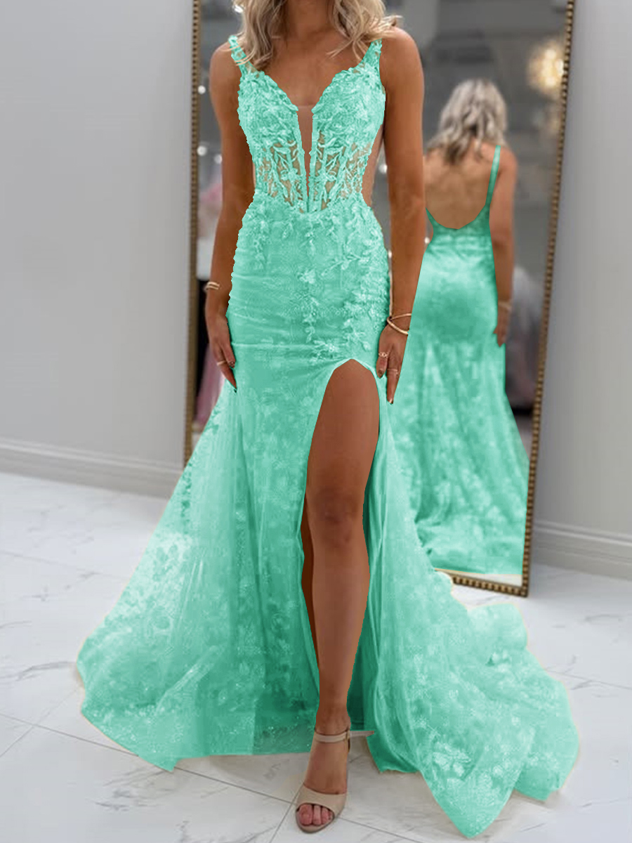 Glam Sheath V-Neck Appliques Lace Court Train Tulle Corset Prom Dress
