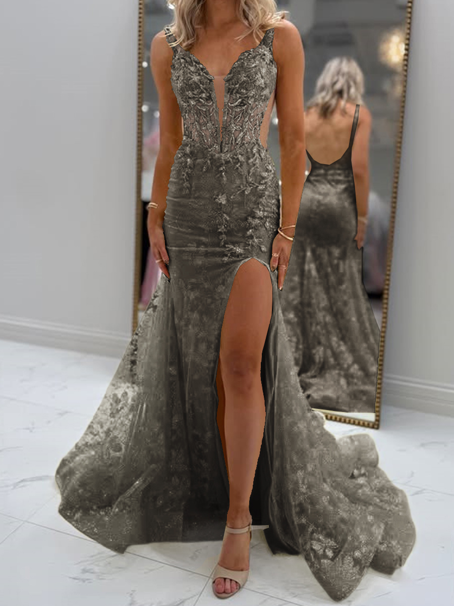 Glam Sheath V-Neck Appliques Lace Court Train Tulle Corset Prom Dress