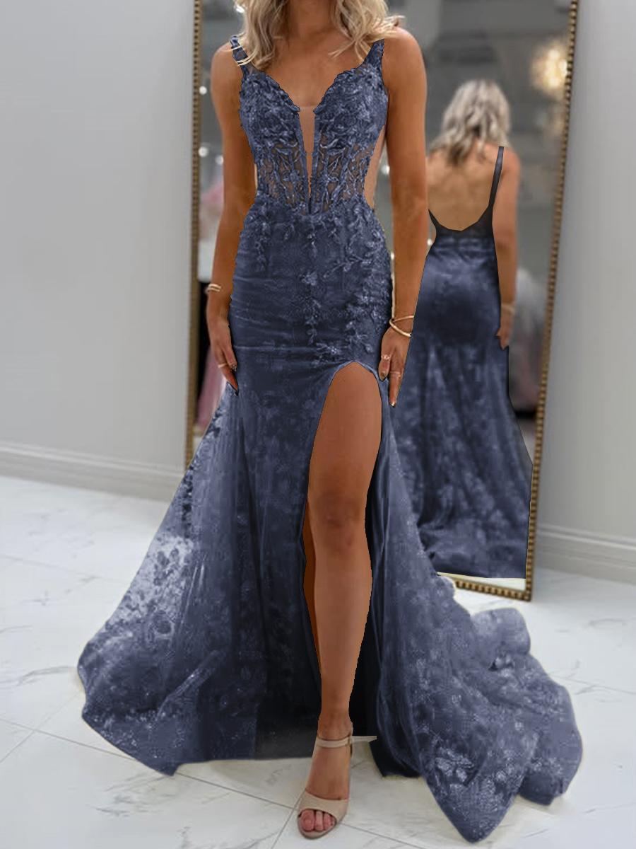Glam Sheath V-Neck Appliques Lace Court Train Tulle Corset Prom Dress