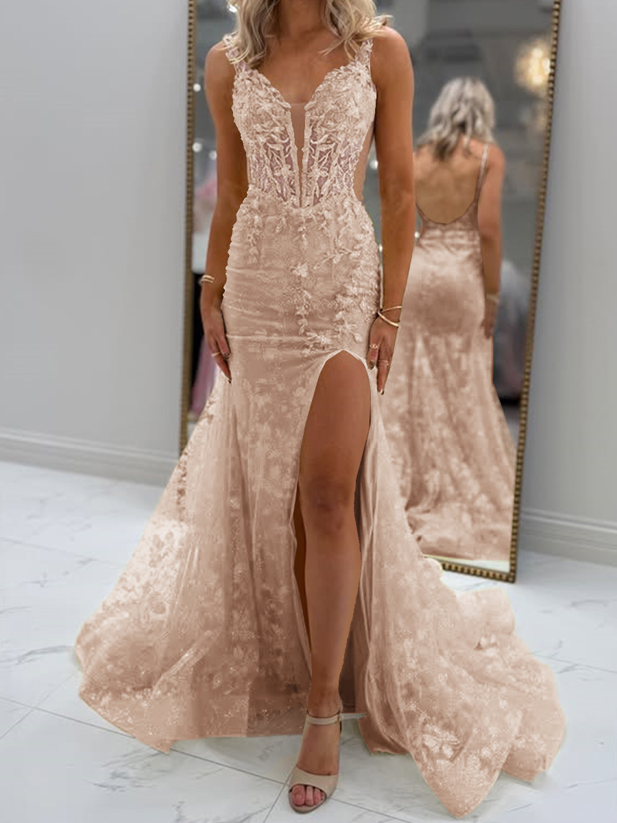 Glam Sheath V-Neck Appliques Lace Court Train Tulle Corset Prom Dress