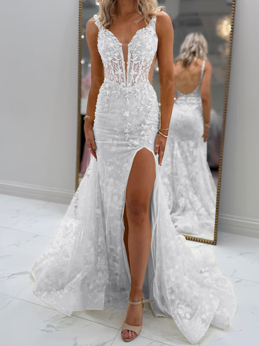 Glam Sheath V-Neck Appliques Lace Court Train Tulle Corset Prom Dress