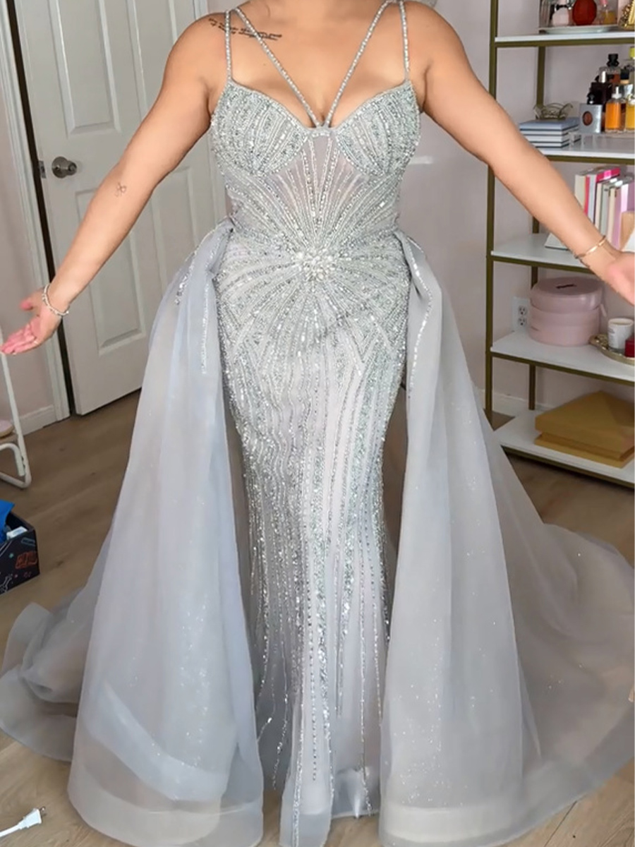 Sheath/Column Spaghetti Straps Beading Sweep Train Mother of the Bride Dresses