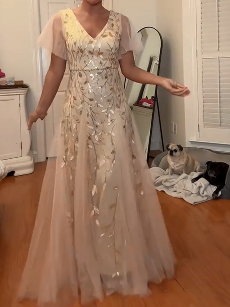 A-line/Princess V-neck Short Sleeves Appliques Lace Floor-Length Tulle Mother of the Bride Dresses