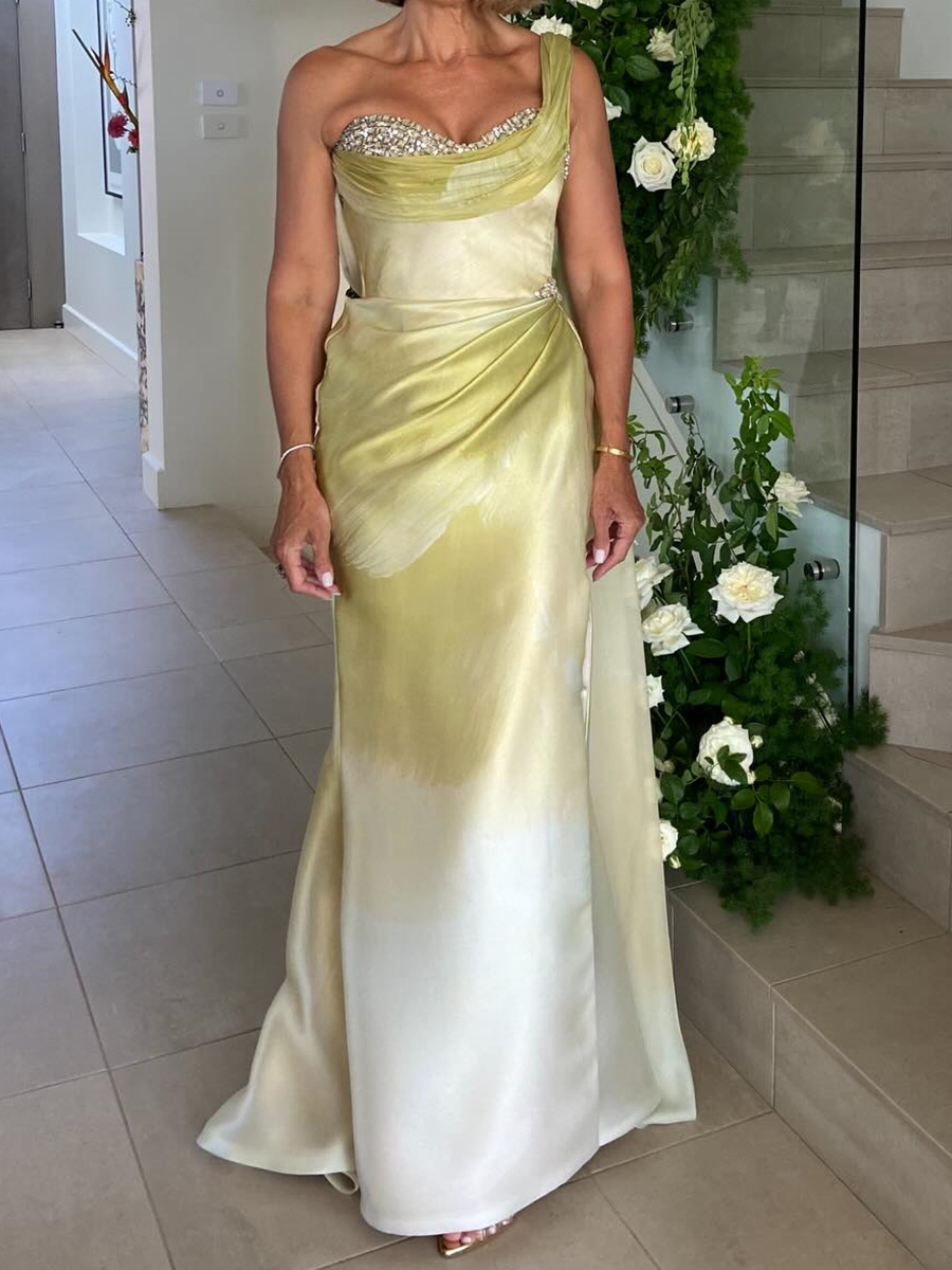 Sheath/Column One-Shoulder Rhinestone Sweep Train Satin Mother of the Bride Dresses