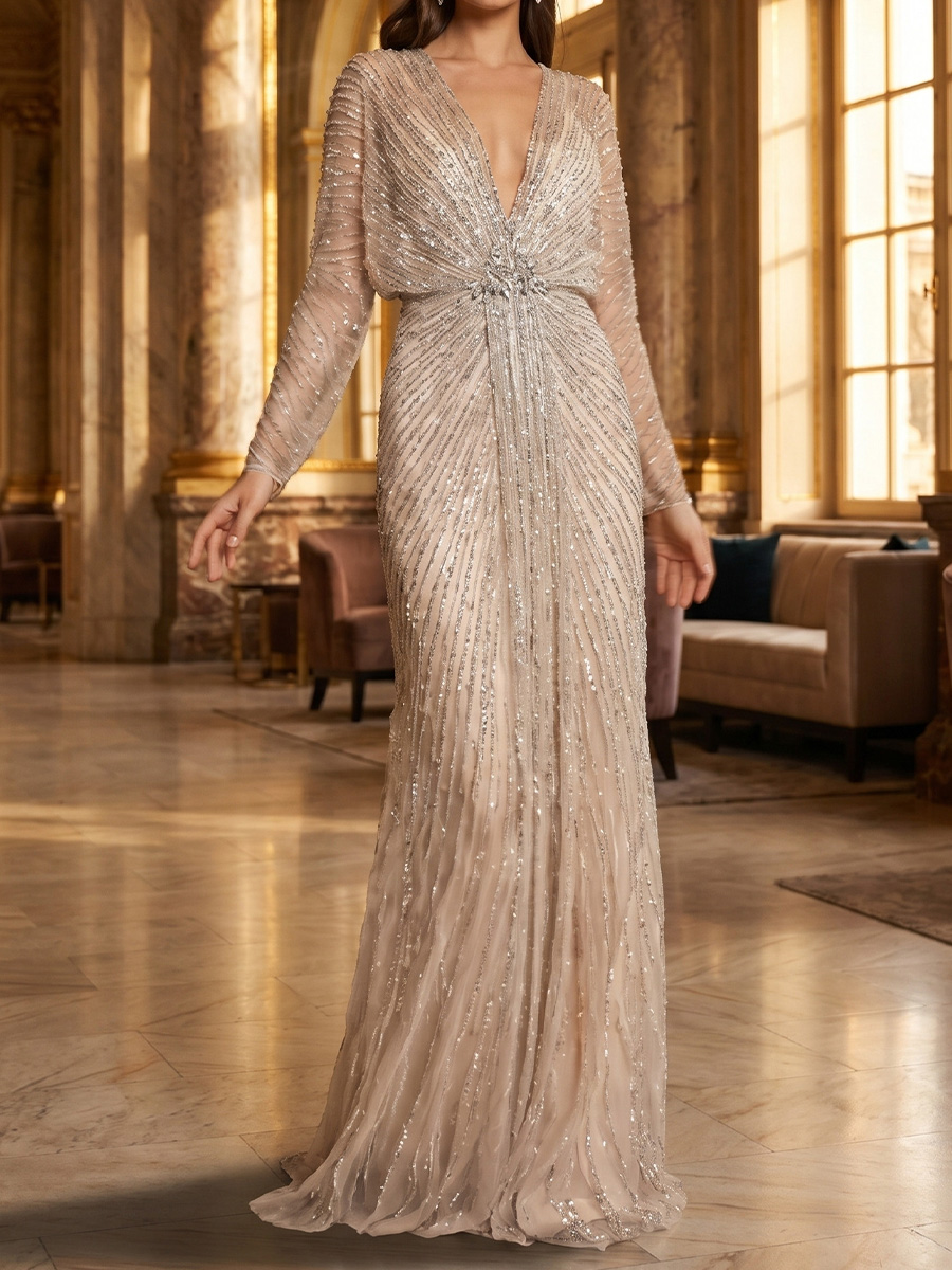 Sheath/Column V-neck Long Sleeves Beading Floor-Length Chiffon Mother of the Bride Dresses