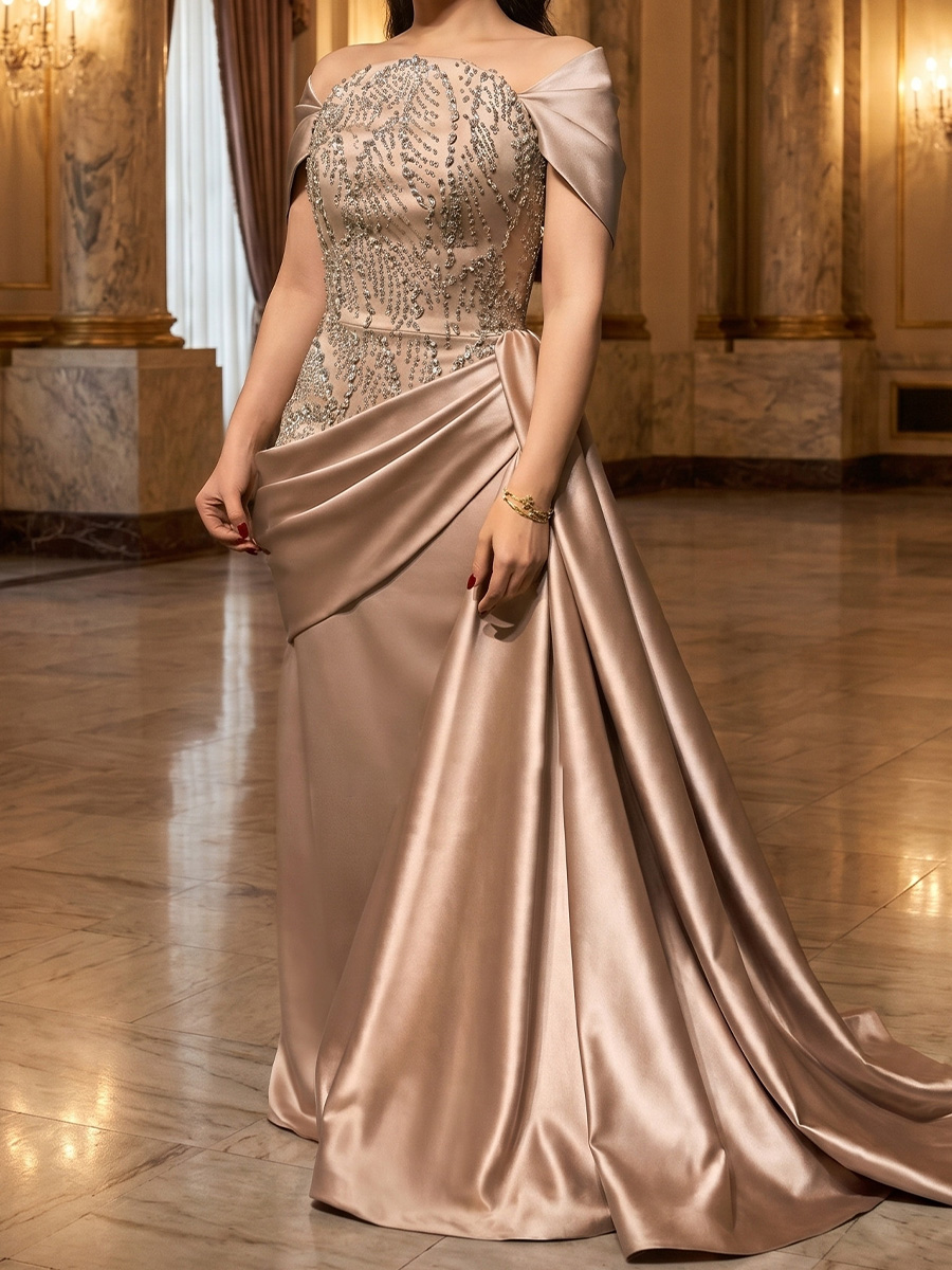 Sheath/Column Off-the-Shoulder Beading Sweep Train Satin Mother of the Bride Dresses