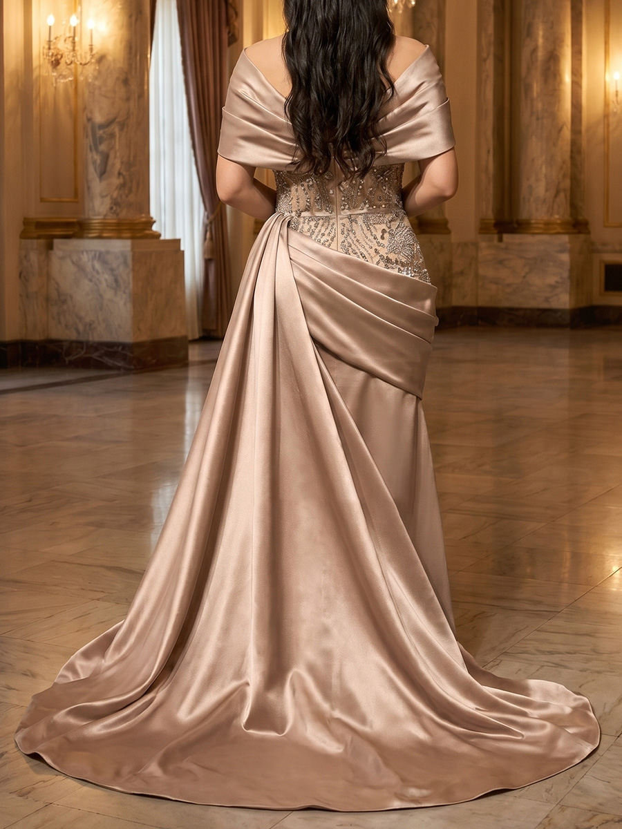 Sheath/Column Off-the-Shoulder Beading Sweep Train Satin Mother of the Bride Dresses