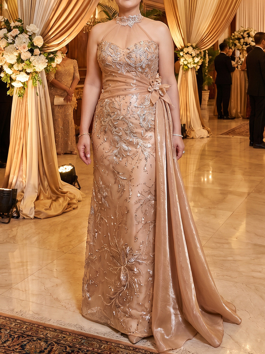 Sheath/Column Illusion Beading Floor-Length Satin Mother of the Bride Dresses