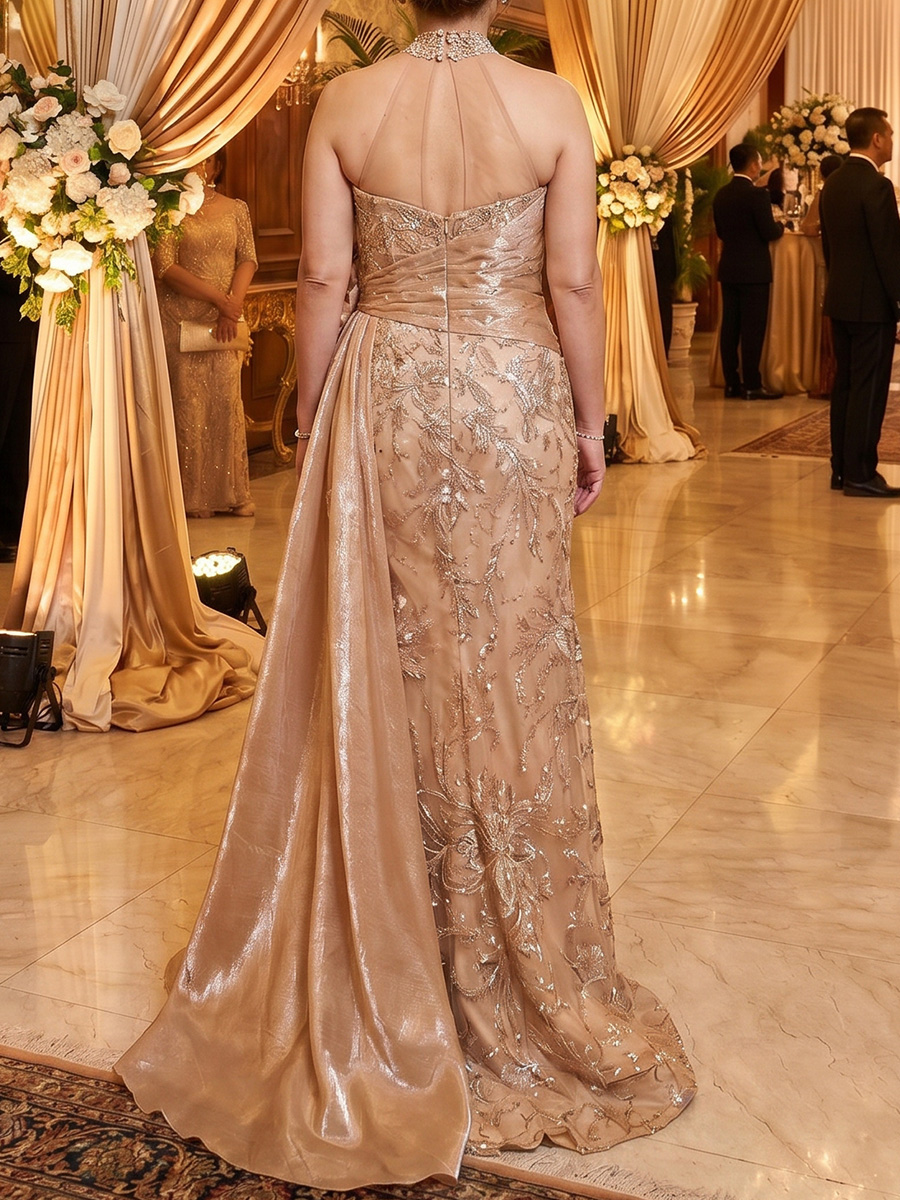 Sheath/Column Illusion Beading Floor-Length Satin Mother of the Bride Dresses