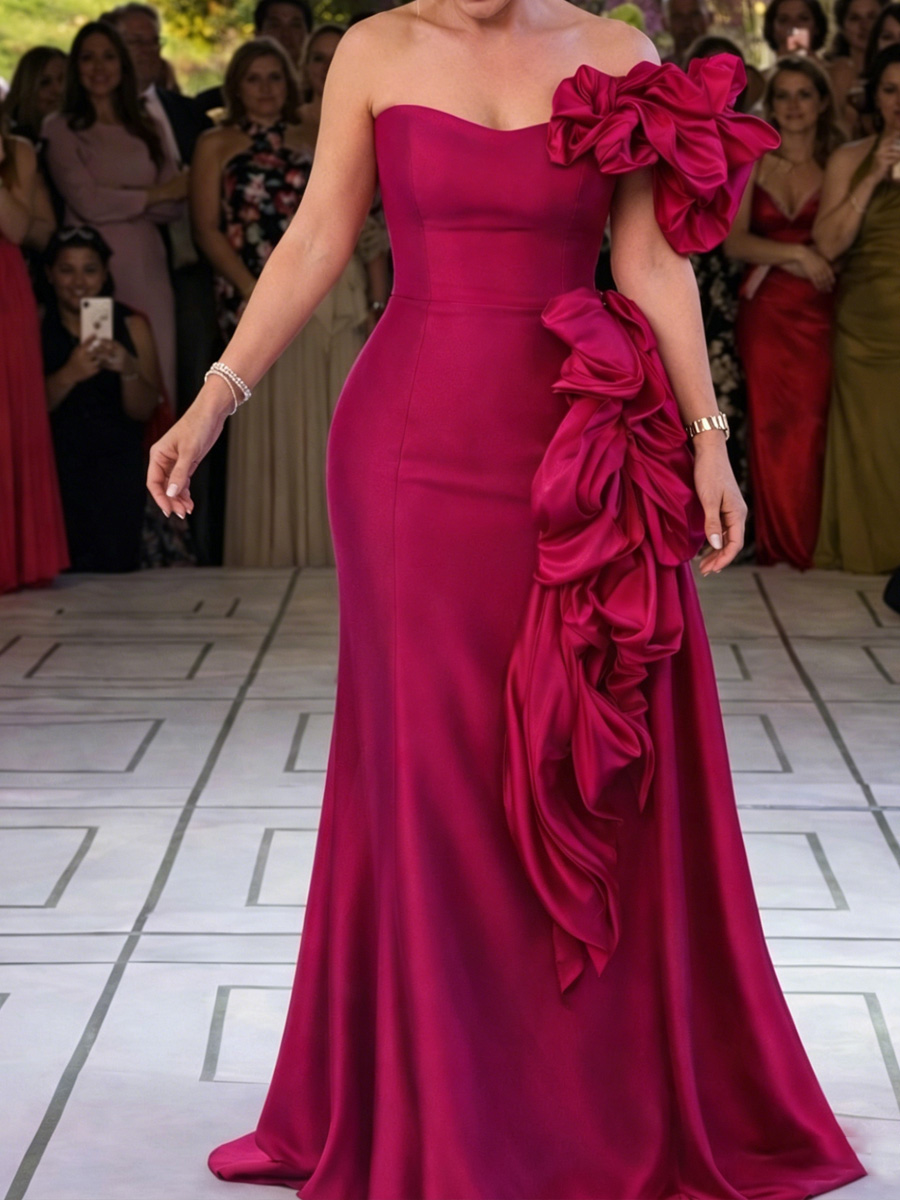 Sheath/Column One-Shoulder Ruffles Sweep Train Satin Mother of the Bride Dresses