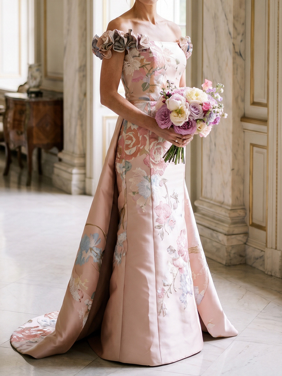 Sheath/Column Off-the-Shoulder Flower Sweep Train Satin Mother of the Bride Dresses