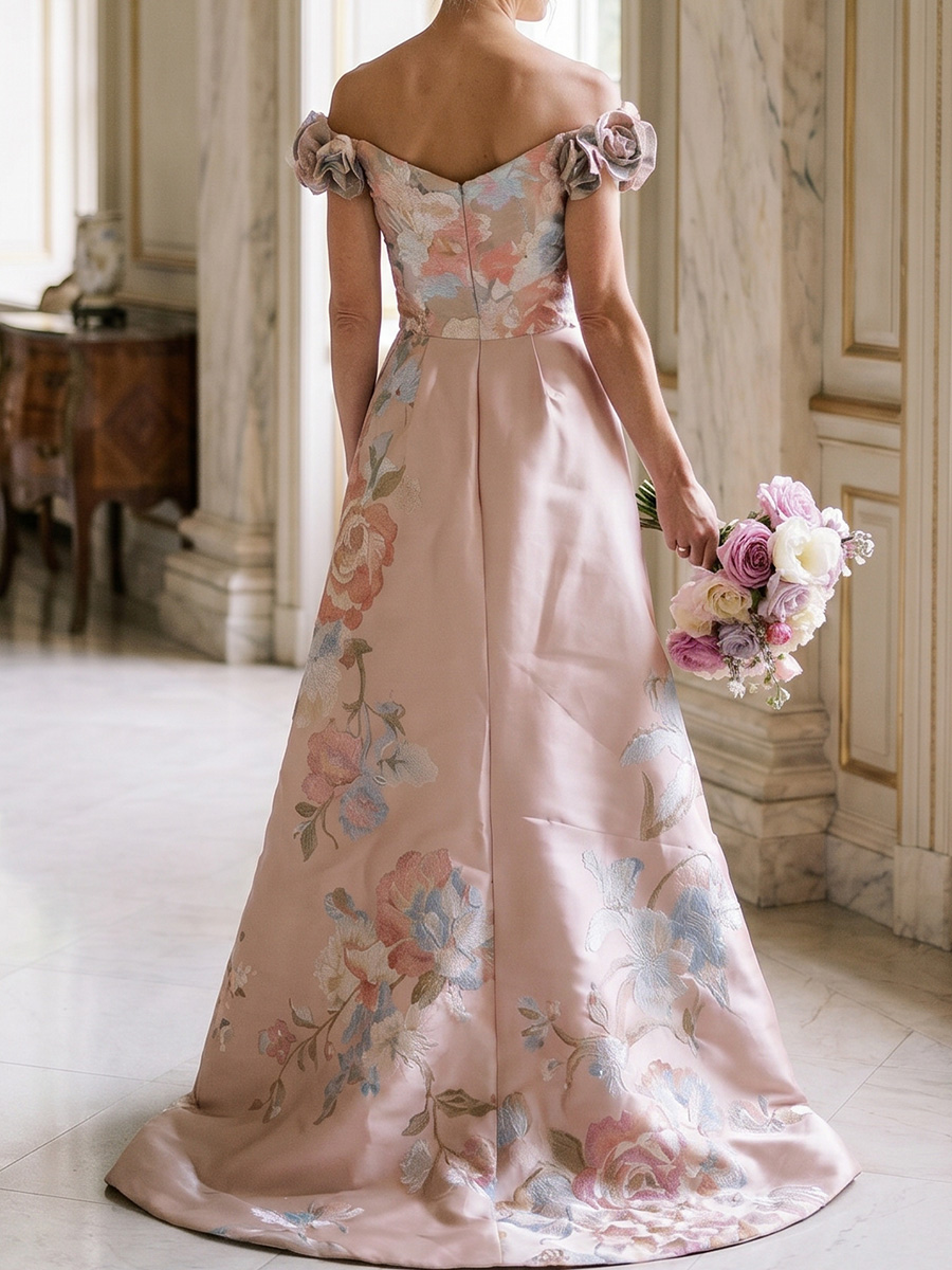 Sheath/Column Off-the-Shoulder Flower Sweep Train Satin Mother of the Bride Dresses