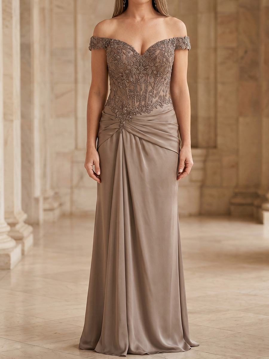 Sheath/Column Off-the-Shoulder Beading Floor-Length Chiffon Mother of the Bride Dresses