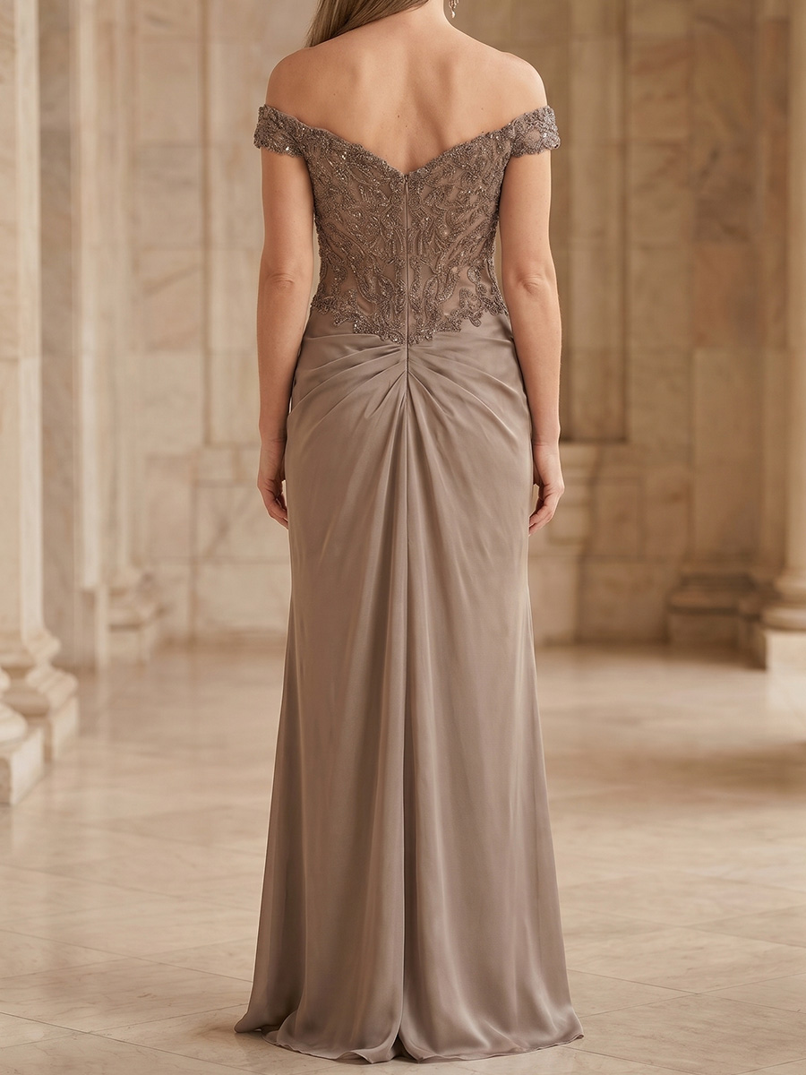 Sheath/Column Off-the-Shoulder Beading Floor-Length Chiffon Mother of the Bride Dresses