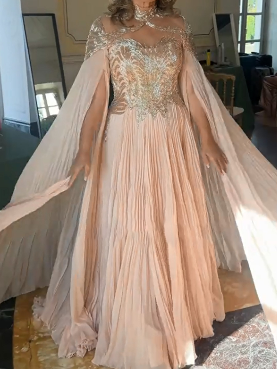 A-line/Princess High Neck Long Sleeves Sequin Sweep Train Chiffon Mother of the Bride Dresses