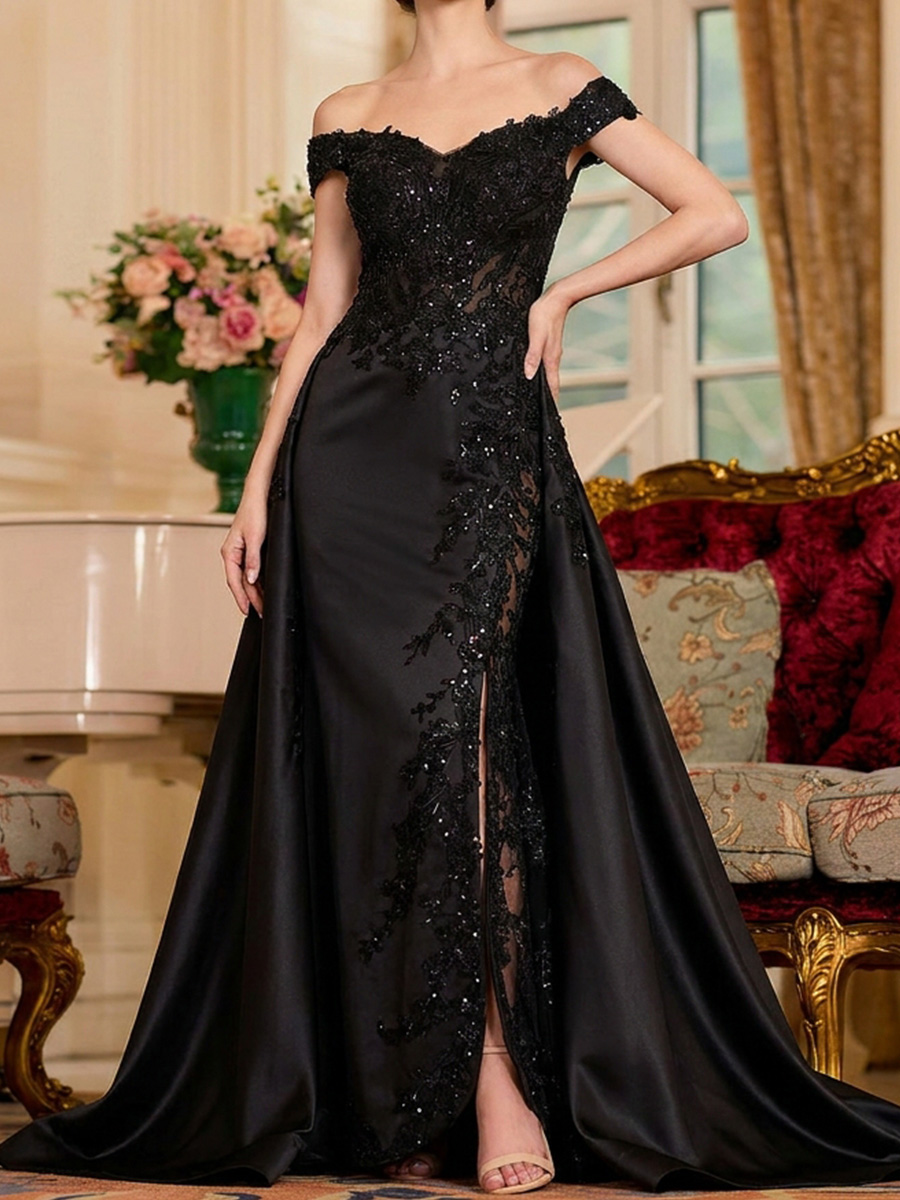 Sheath/Column Off-the-Shoulder Appliques Lace Sweep Train Satin Mother of the Bride Dresses