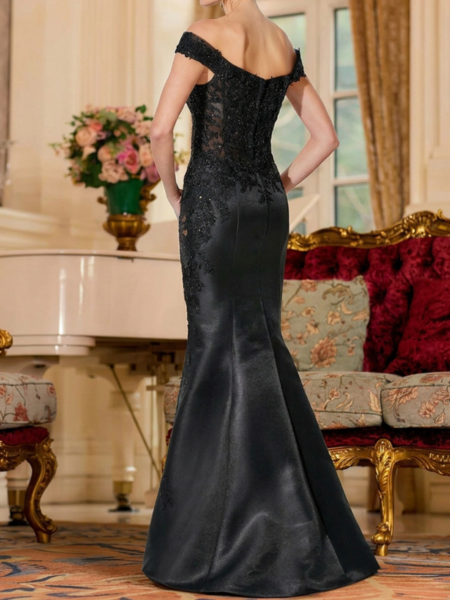 Sheath/Column Off-the-Shoulder Appliques Lace Sweep Train Satin Mother of the Bride Dresses