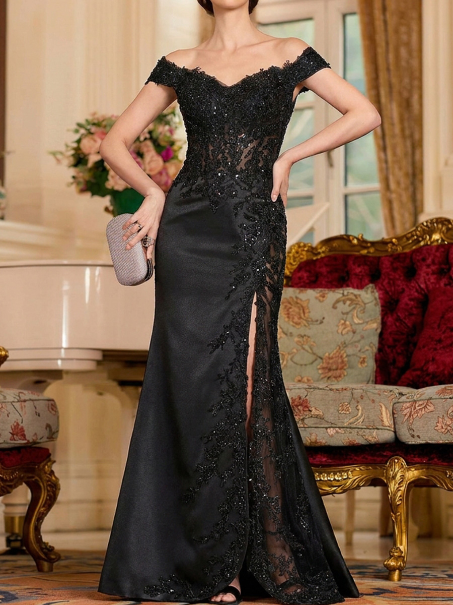 Sheath/Column Off-the-Shoulder Appliques Lace Sweep Train Satin Mother of the Bride Dresses